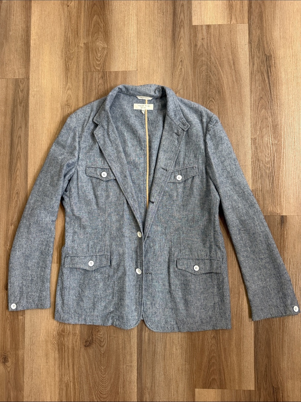 Rag & Bone Chambray Blend Military Style Tailored Blazer Jacket Coat Womens XL